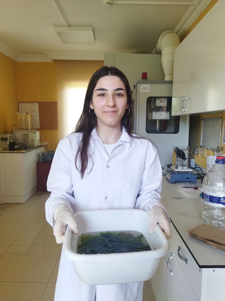 Öznur Koçak holding a basin of collected algae in the lab