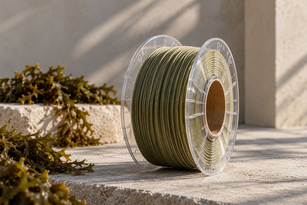 A spool of olive green 3D printing filament beside seaweed