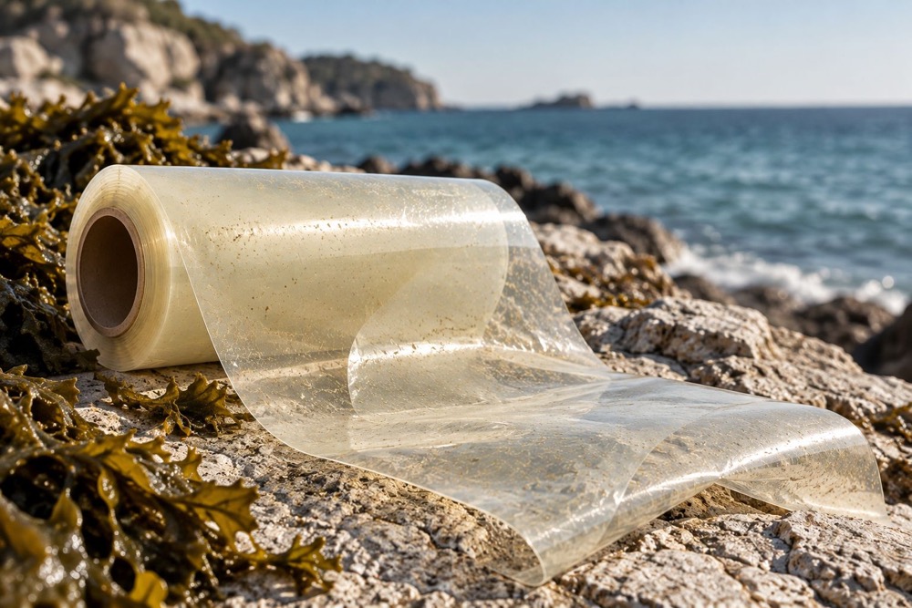 A roll of translucent film on a rocky shore beside seaweed